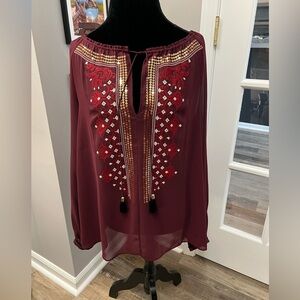 Altuzarra Burgundy Blouse with Gold sequins, Embroidery & tassels Sz M EUC